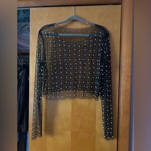 Harper & Ivy Black Mesh Top with Pearl Accents